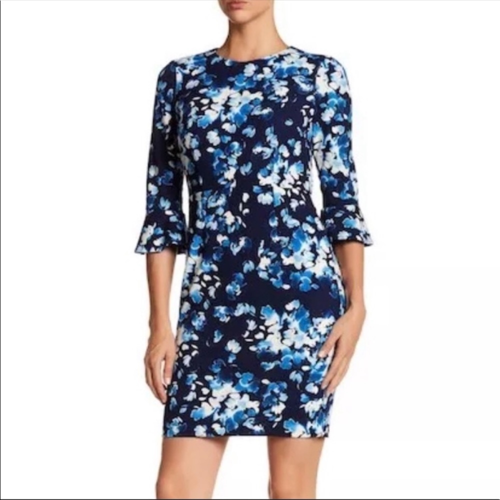Donna Morgan bell sleeve navy floral shift dress